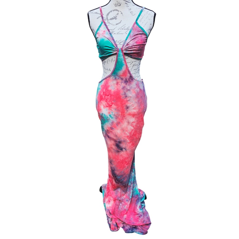 Goodtime USA 12G Tie Dye Maxi Dress Spaghetti Strap Cutout Mermaid‎ Pink Green L